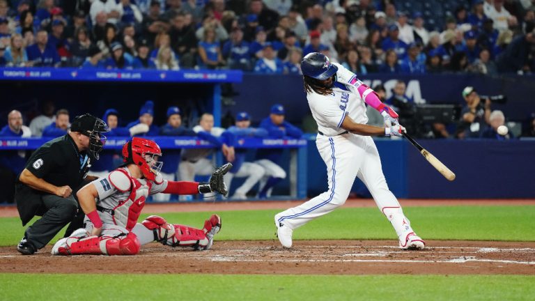 Toronto Blue Jays' Vladimir Guerrero Jr. hits a three-run home run against the Boston Red Sox during third inning American League MLB baseball action in Toronto on Friday, September 15, 2023. (Chris Young/CP)