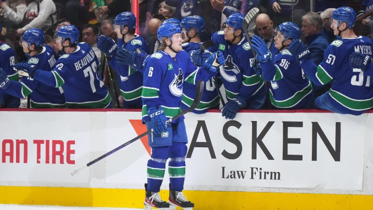 Vancouver Canucks' Brock Boeser (6) celebrates his goal against the Los Angeles Kings during the first period of an NHL hockey game in Vancouver, on Sunday, April 2, 2023. (Darryl Dyck/CP)