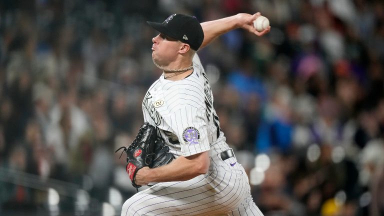 Colorado Rockies starting pitcher Chase Anderson works against the San Francisco Giants in the fifth inning of a baseball game Friday, Sept. 15, 2023, in Denver. (David Zalubowski/AP)