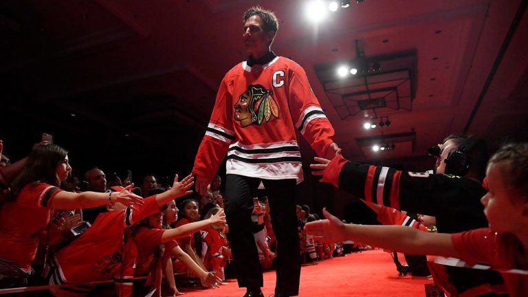 Chris Chelios is introduced to fans during the Chicago Blackhawks' convention Friday, July 27, 2018, in Chicago (Annie Rice/AP)