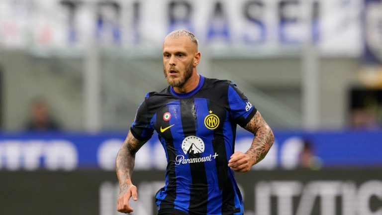 Inter Milan's Federico Dimarco runs during the Serie A soccer match between Inter Milan and Fiorentina at the San Siro Stadium, in Milan, Italy, Sunday, Sept. 3, 2023. (Antonio Calanni/AP)