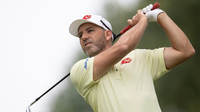 Captain Sergio Garcia of Fireballs GC hits his shot from the 12th tee during the first round of LIV Golf Chicago at the Rich Harvest Farms on Friday, September 22, 2023 in Sugar Grove, Illinois. (Katelyn Mulcahy/LIV Golf via AP)