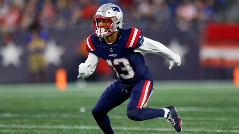 New England Patriots defensive back Jack Jones (13) prepares to defend during the first half of an NFL pre-season football game against the Houston Texans, Thursday, Aug. 10, 2023, in Foxborough, Mass. (Greg M. Cooper/AP)