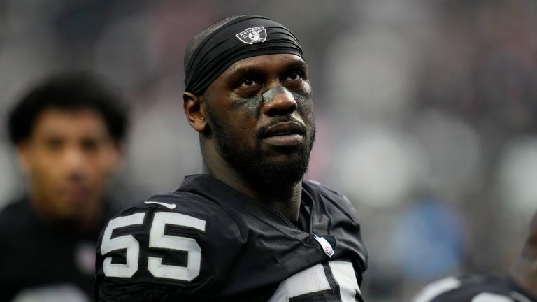 FILE - Las Vegas Raiders defensive end Chandler Jones (55) warms up before an NFL football game against the New England Patriots, Monday, Dec. 19, 2022, in Las Vegas. (John Locher/AP)
