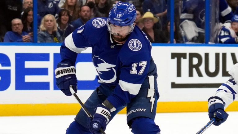 FILE - Alex Killorn (17) pictured with the Tampa Bay Lightning during the second period in Game 4 of an NHL hockey Stanley Cup first-round playoff series Monday, April 24, 2023, in Tampa, Fla. (Chris O'Meara/AP)