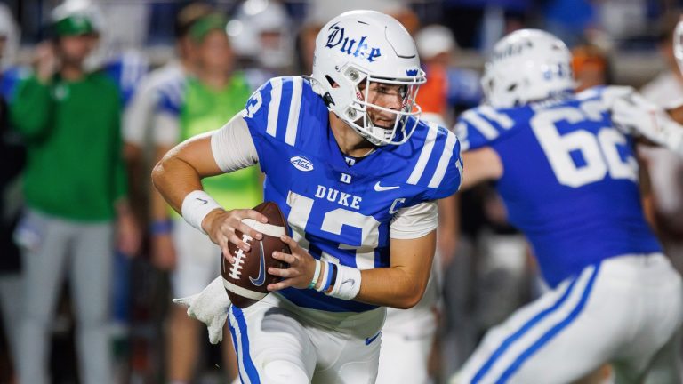 Duke's Riley Leonard (13) looks to pass the ball during the first half of an NCAA college football game against Clemson in Durham, N.C., Monday, Sept. 4, 2023. (Ben McKeown/AP)