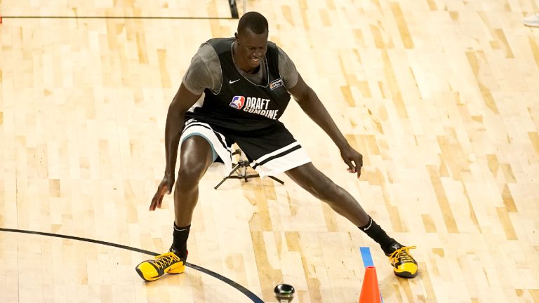 Howard's Makur Maker participates in the NBA Draft Combine at the Wintrust Arena Wednesday, June 23, 2021, in Chicago. (Charles Rex Arbogast/AP)