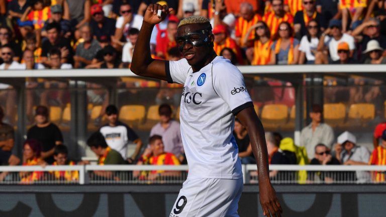 Napoli's Victor Osimhen celebrates after scoring during the Serie A soccer match between Lecce and Napoli at the Via del Mare stadium in Lecce, Italy, Saturday, Sept. 30, 2023. (AP) 
