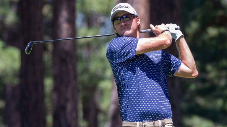 Vincent Norrman watches his tee shot on tghe 4th hole during the first round of the Barracuda Championship golf tournament at the Tahoe Mt. Club's Old Greenwood golf course in Truckee, Calif., Thursday, July 20, 2023. (Tom R. Smedes/AP)
