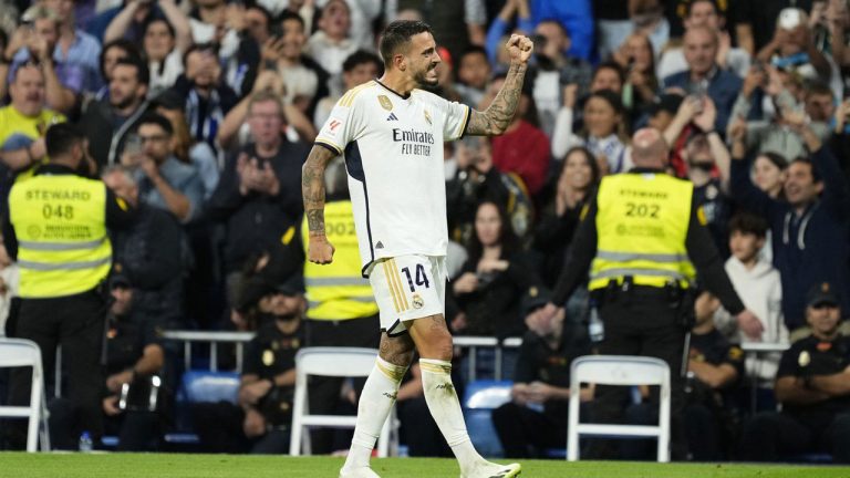 Real Madrid's Joselu celebrates scoring his side's 2nd goal during Spanish La Liga soccer match between Real Madrid and Real Sociedad at the Santiago Bernabéu stadium. (Jose Breton/AP)
