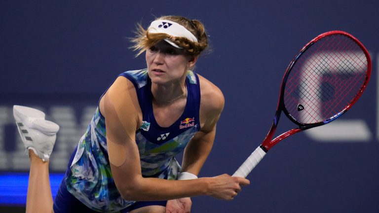 Elena Rybakina, of Kazakhstan, serves to Sorana Cirstea, of Romania, during the third round of the U.S. Open tennis championships, Friday, Sept. 1, 2023, in New York. (Charles Krupa/AP)