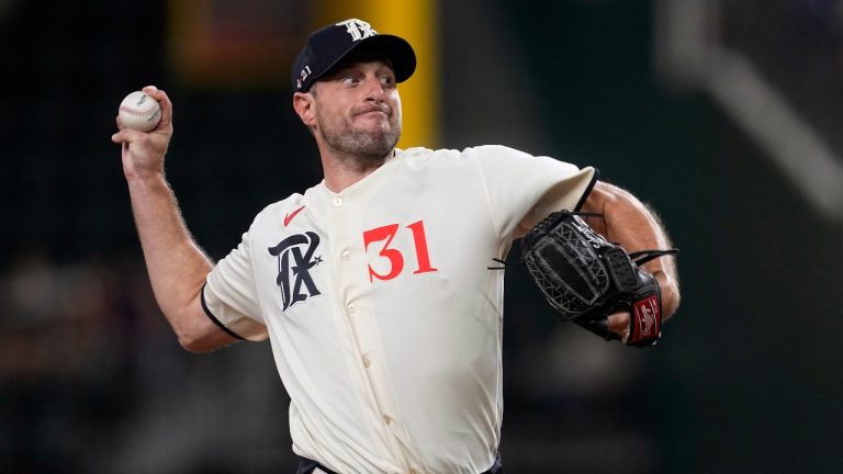 Texas Rangers starting pitcher Max Scherzer throws to a Minnesota Twins batter during the first inning of a baseball game Friday, Sept. 1, 2023, in Arlington, Texas. (Tony Gutierrez/AP Photo)