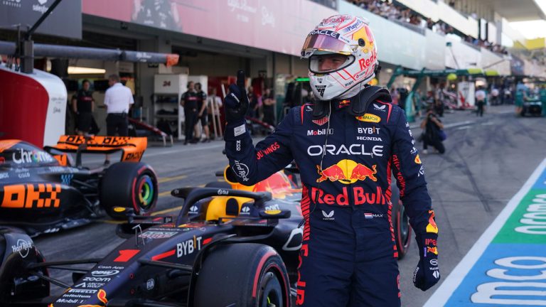 Red Bull driver Max Verstappen of the Netherlands celebrates his pole position after qualifying session for the Japanese Formula One Grand Prix at the Suzuka Circuit, Suzuka, central Japan. (Toru Hanai/AP)