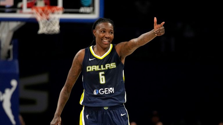 Dallas Wings forward Natasha Howard celebrates after sinking a basket against the Atlanta Dream during the second half of Game 2 of a first-round WNBA basketball playoff series Tuesday, Sept. 19, 2023, in Arlington, Texas. (Tony Gutierrez/AP Photo)