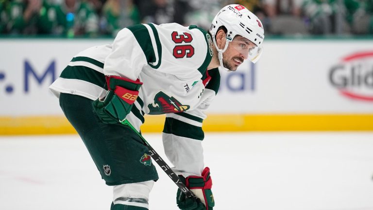 Minnesota Wild's Mats Zuccarello watches a face-off against the Dallas Stars during Game 5 of an NHL hockey Stanley Cup first-round playoff series, Tuesday, April 25, 2023, in Dallas. (Tony Gutierrez/AP)