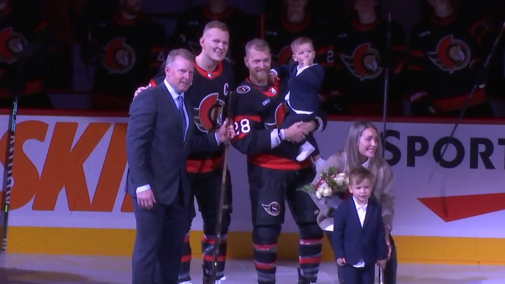 Senators honour Claude Giroux with Silver Stick to celebrate his 1000th