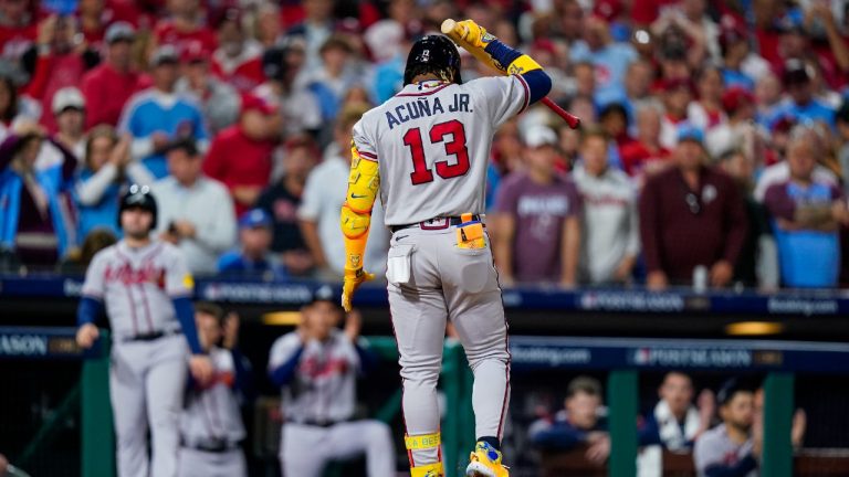 Atlanta Braves' Ronald Acuna Jr. reacts after flying out with bases loaded during the seventh inning of Game 4 of a baseball NL Division Series against the Philadelphia Phillies Thursday, Oct. 12, 2023, in Philadelphia. (Chris Szagola/AP)
