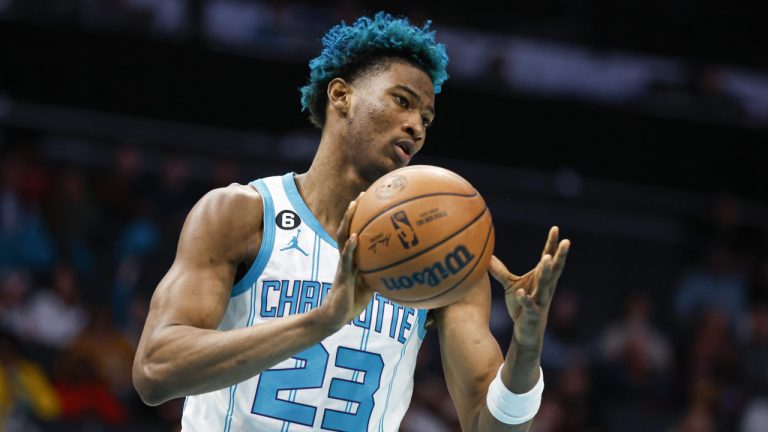 Charlotte Hornets forward Kai Jones passes after pulling in a rebound against the Cleveland Cavaliers during the second half of an NBA basketball game in Charlotte, N.C., Tuesday, March 14, 2023. Cleveland won 120-104. (Nell Redmond/AP)