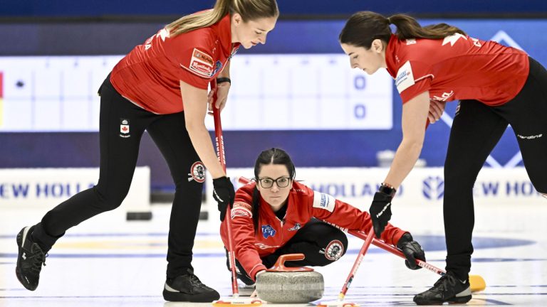 Canada's Skipper Kerri Einarson in action during the bronze medal match between Canada and Sweden of the LGT World Women's Curling Championship at Goransson Arena in Sandviken, Sweden, Sunday, March 26, 2023. (Jonas Ekstromer/TT News Agency via AP)