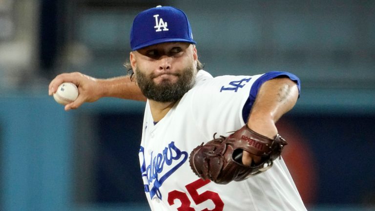 Los Angeles Dodgers starting pitcher Lance Lynn throws to the plate during the first inning of a baseball game against the San Diego Padres Tuesday, Sept. 12, 2023, in Los Angeles. (AP Photo/Mark J. Terrill) 
