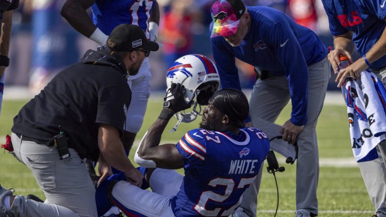 Buffalo Bills cornerback Tre'Davious White (27) reacts after being injured during an NFL football game, Sunday, Oct. 1, 2023, in Orchard Park, NY. (Matt Durisko/AP)