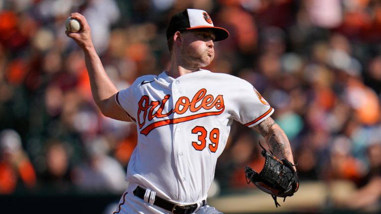 Baltimore Orioles starting pitcher Kyle Bradish throws to the Boston Red Sox during the first inning of a baseball game, Sunday, Oct. 1, 2023, in Baltimore. (AP Photo/Julio Cortez)
