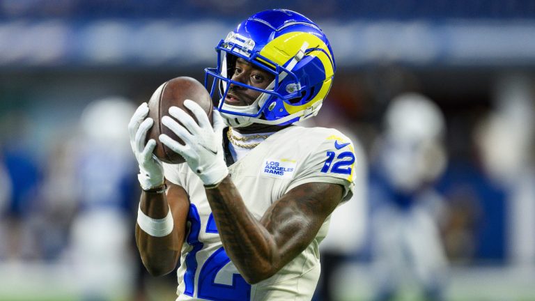 Wide receiver Van Jefferson (12) warms up on the field before an NFL football game against the Indianapolis Colts, Sunday, Oct. 1, 2023, in Indianapolis. (Zach Bolinger/AP)