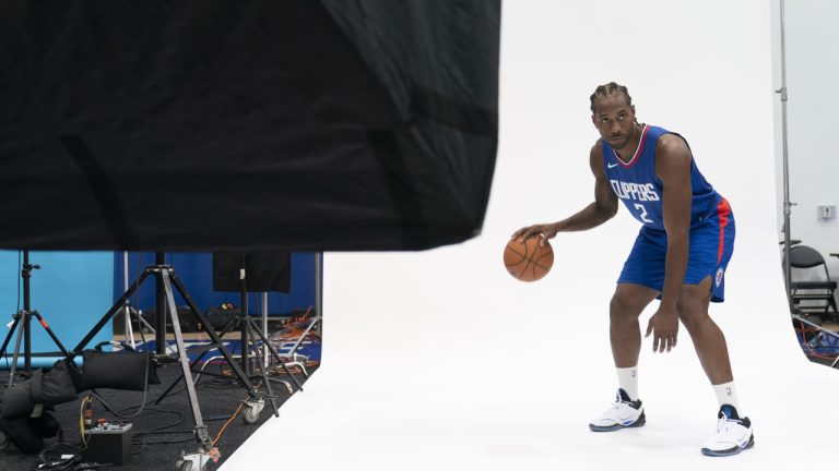 Los Angeles Clippers forward Kawhi Leonard poses for photos during the NBA basketball team's media day Monday, Oct. 2, 2023, in Los Angeles. (Jae C. Hong/AP)
