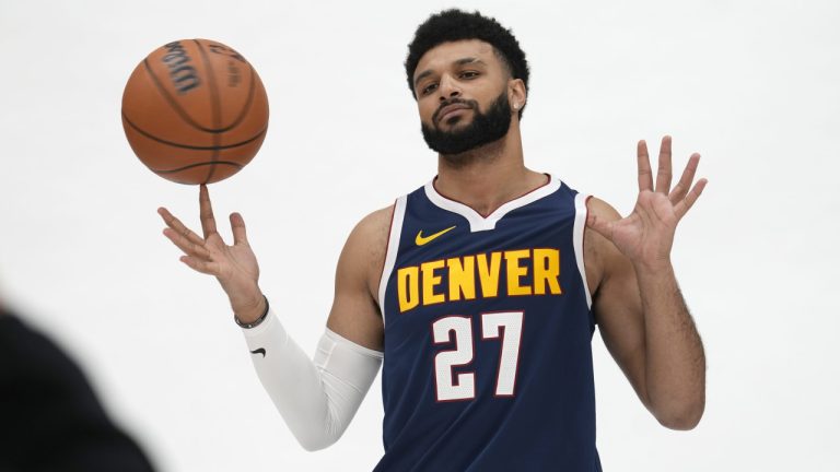 Denver Nuggets guard Jamal Murray poses for a photo during the NBA basketball team's media day Monday, Oct. 2, 2023, in Denver. (David Zalubowski/AP)