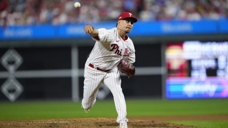 Philadelphia Phillies' Orion Kerkering pitches during the eighth inning of Game 2 in an NL wild-card baseball playoff series, Wednesday, Oct. 4, 2023, in Philadelphia. (Matt Rourke/AP)
