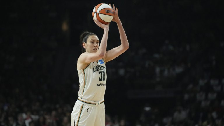 New York Liberty forward Breanna Stewart (30) plays against the Las Vegas Aces in Game 1 of a WNBA basketball final playoff series Sunday, Oct. 8, 2023, in Las Vegas. (John Locher/AP)