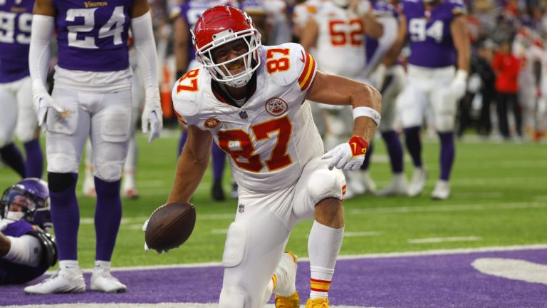 Kansas City Chiefs tight end Travis Kelce (87) celebrates after catching a 4-yard touchdown pass during the second half of an NFL football game against the Minnesota Vikings, Sunday, Oct. 8, 2023, in Minneapolis. (Bruce Kluckhohn/AP)
