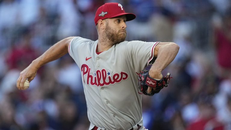 Philadelphia Phillies starting pitcher Zack Wheeler (45) works from the mound in the first inning of Game 2 of a baseball NL Division Series against the Atlanta Braves, Monday, Oct. 9, 2023, in Atlanta. (John Bazemore/AP)