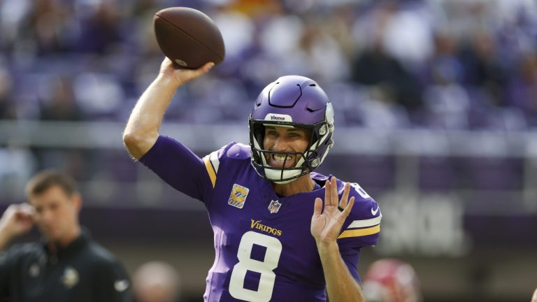 Minnesota Vikings quarterback Kirk Cousins (8) warms up before an NFL football game against the Kansas City Chiefs, Sunday, Oct. 8, 2023 in Minneapolis. (Stacy Bengs/AP)