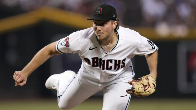 Arizona Diamondbacks starting pitcher Brandon Pfaadt throws against the Los Angeles Dodgers during the first inning of Game 3 of a baseball NL Division Series Wednesday, Oct. 11, 2023, in Phoenix. The Diamondbacks won 4-2. (Ross D. Franklin/AP)