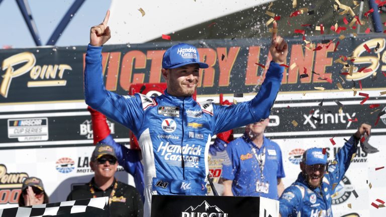 Kyle Larson (5) celebrates in Victory Lane after winning a NASCAR Cup Series auto race, Sunday, Oct. 15, 2023, in Las Vegas. (Steve Marcus/AP)