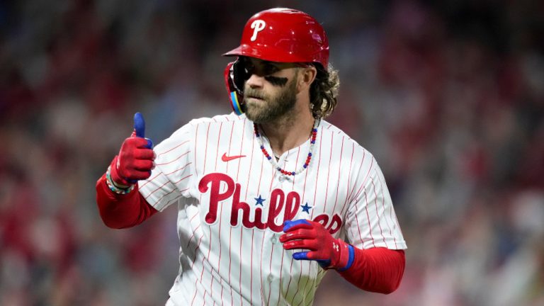 Philadelphia Phillies' Bryce Harper celebrates after a home run against the Arizona Diamondbacks in Game 1 of the baseball NL Championship Series in Philadelphia, Monday, Oct. 16, 2023. (Matt Slocum/AP)