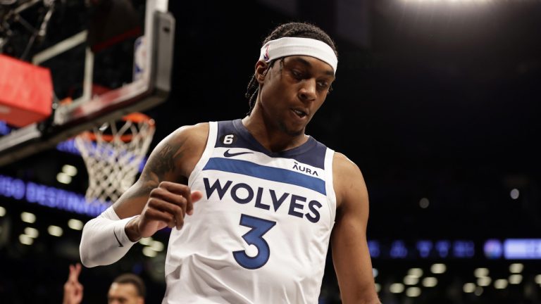 Minnesota Timberwolves forward Jaden McDaniels (3) reacts during the first half of an NBA basketball game against the Brooklyn Nets, April 4, 2023, in New York. (Adam Hunger/AP)
