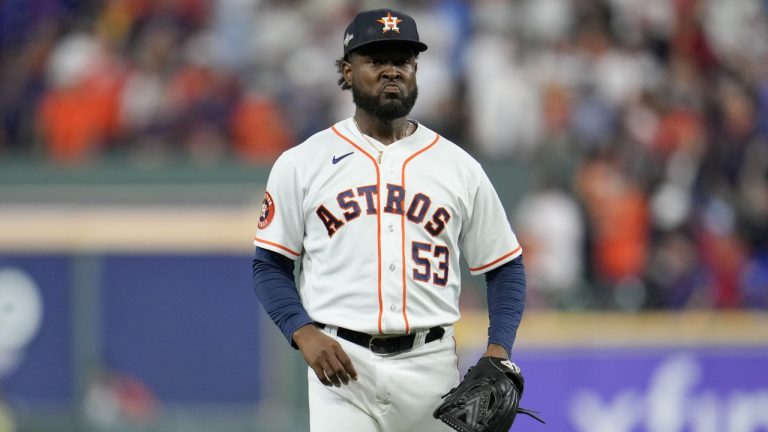 Houston Astros starting pitcher Cristian Javier reacts after giving up a home run to Texas Rangers' Corey Seager during the first inning of Game 6 of the baseball AL Championship Series Monday, Oct. 23, 2023, in Houston. (Godofredo A. Vásquez/AP)