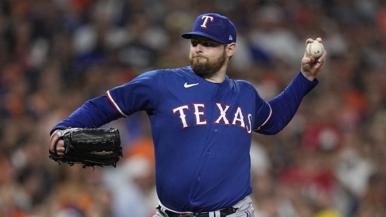 Texas Rangers relief pitcher Jordan Montgomery throws during the third inning of Game 7 of the baseball AL Championship Series against the Houston Astros Monday, Oct. 23, 2023, in Houston. (David J. Phillip/AP)