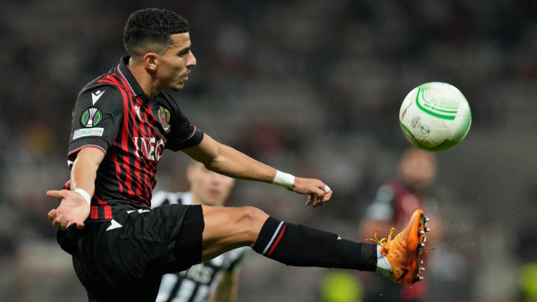 Nice's Youcef Atal in action during the Conference League Group D soccer match between Nice and Partizan at Allianz Riviera stadium in Nice, France, Thursday, Oct. 27, 2022. (Daniel Cole/AP)