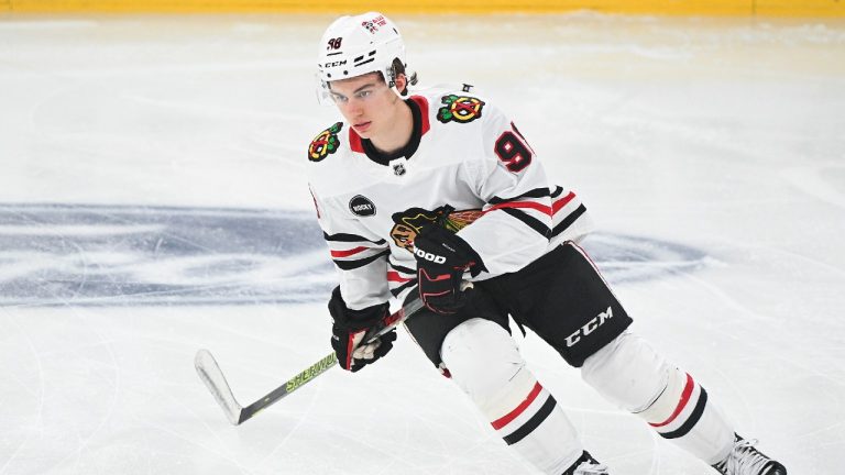 Chicago Blackhawks' Connor Bedard skates prior to an NHL hockey game against the Montreal Canadiens in Montreal, Saturday, Oct. 14, 2023. (Graham Hughes/CP)