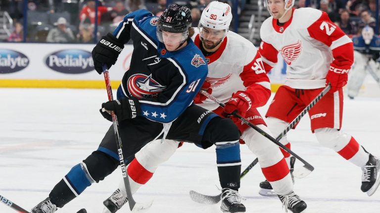 Columbus Blue Jackets' Kent Johnson, left, keeps the puck away from Detroit Red Wings' Joe Veleno during the second period of an NHL game on Sunday, Dec. 4, 2022. (Jay LaPrete/AP)
