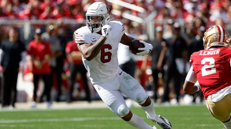 Arizona Cardinals running back James Conner runs against the San Francisco 49ers during the first half of an NFL football game in Santa Clara, Calif., Sunday, Oct. 1, 2023. (Josie Lepe/AP Photo)