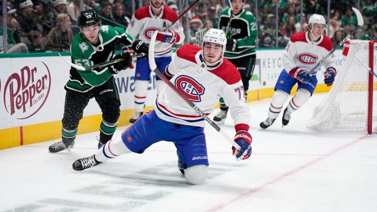 Montreal Canadiens center Kirby Dach (77) falls to the ice while attempting to control the puck. (Tony Gutierrez/AP)