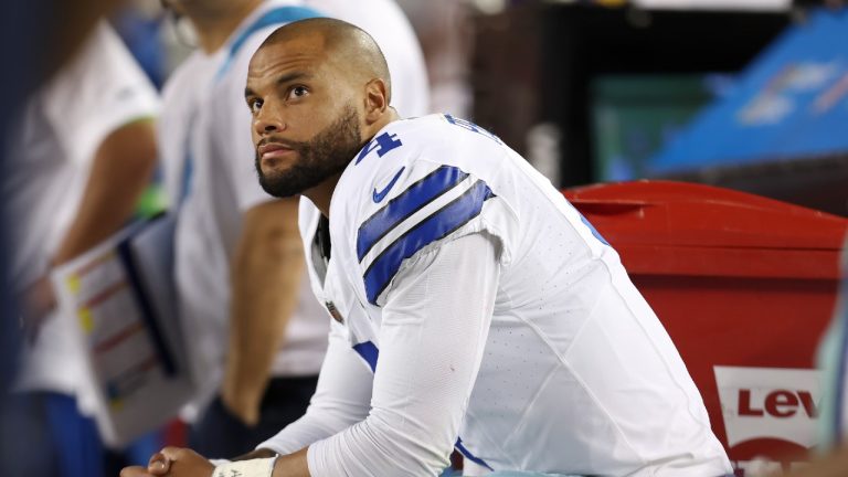 Dallas Cowboys quarterback Dak Prescott sits on the bench during the second half of an NFL football game against the San Francisco 49ers in Santa Clara, Calif., Sunday, Oct. 8, 2023. (Jed Jacobsohn/AP)
