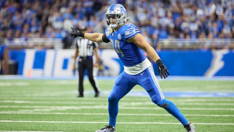 Detroit Lions linebacker Alex Anzalone (34) pursues a play on defense against the Carolina Panthers during an NFL football game at Ford Field in Detroit, Sunday, Oct. 8, 2023. (Rick Osentoski/AP)