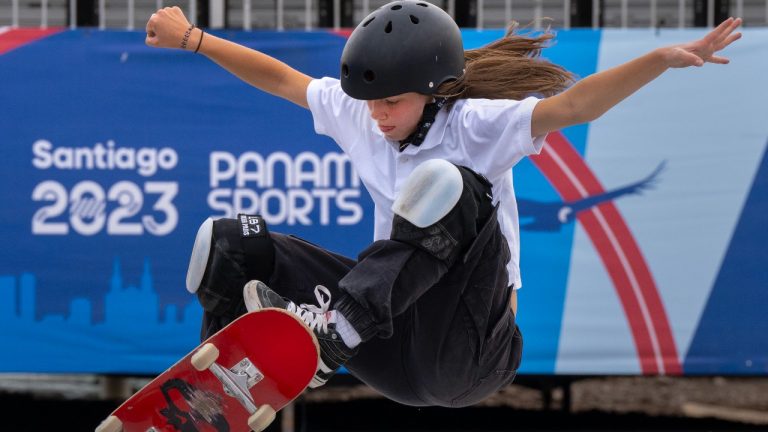 Canada's 13-year-old skateboarder Fay De Fazio Ebert, trains at the Pan American Games in Santiago, Chile on Thursday Oct. 19, 2023. (Frank Gunn/CP)