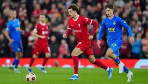 Liverpool's Curtis Jones, center, dribbles the ball during a Europa League Group E soccer match between Liverpool and Union Saint-Gilloise, Thursday, Oct. 5, 2023, at Anfield in Liverpool, England. (Jon Super/AP)