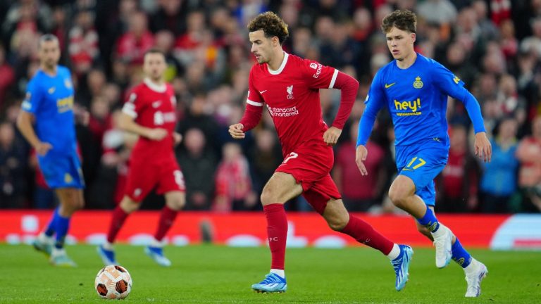 Liverpool's Curtis Jones, center, dribbles the ball during a Europa League Group E soccer match between Liverpool and Union Saint-Gilloise, Thursday, Oct. 5, 2023, at Anfield in Liverpool, England. (Jon Super/AP)
